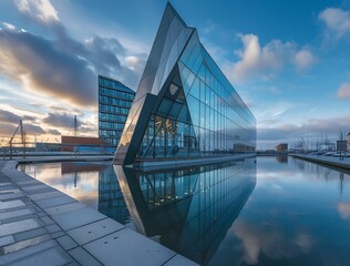 The modern building of the startup, with a triangular shape in the port city located near canals and waterways with a blue sky and clouds, is made from glass and metal blocks - Powered by Adobe
