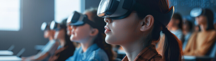 A modern classroom in the future, students learning through interactive 3D projections and virtual reality headsetshyper realistic, low noise, low texture, futuristic style