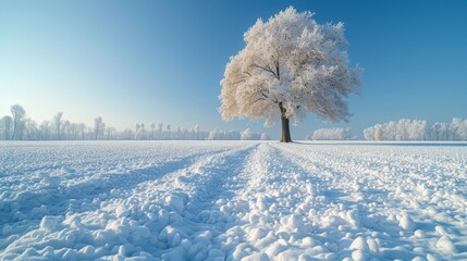   A solitary tree, its branches dusted with snow, stands in the heart of a white-clad field Sky above is a clear, tranquil blue - obrazy, fototapety, plakaty