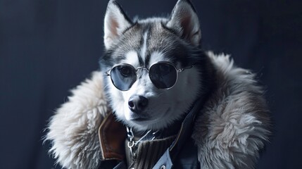 Husky in glacier glasses ice cool on a midnight navy backdrop