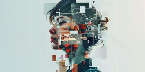 Futuristic profile of a woman overlaid with digital elements - obrazy, fototapety, plakaty