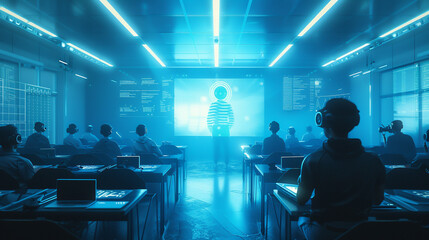 A modern classroom in the future, students learning through interactive 3D projections and virtual reality headsetshyper realistic, low noise, low texture, futuristic style
