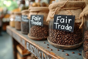 coffee beans on a wooden beam with "Fair Trade" signs.