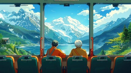 Two passengers enjoy a breathtaking view of snow-capped mountains and a serene lake from a train.
