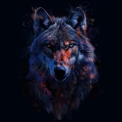   A tight shot of a wolf's expressive face against a black backdrop, accented with vivid red, orange, and blue hues