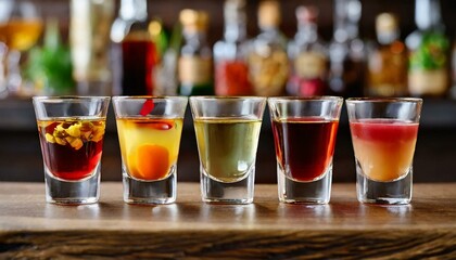 Set of colorful different bitters and liqueurs in shot glasses on bar counter.  - obrazy, fototapety, plakaty