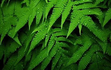Fototapeta na wymiar Raindrops on green fern leaves creating a fresh look
