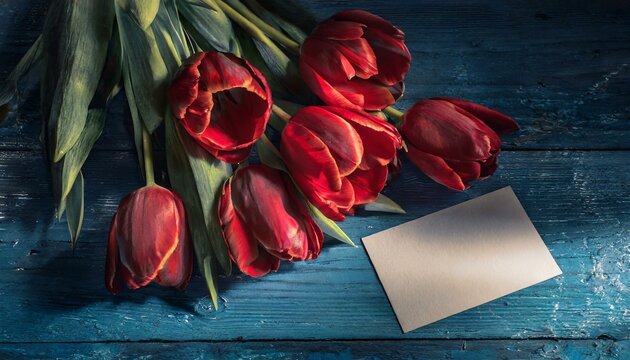 Beautiful bouquet of red tulips and blank card on black wooden background. Mother days concept.