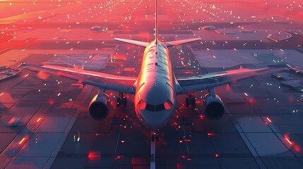 a vivid AI illustration of an airplane gracefully touching down on a bustling airport runway,...