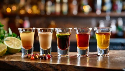 Set of colorful different bitters and liqueurs in shot glasses on bar counter - obrazy, fototapety, plakaty