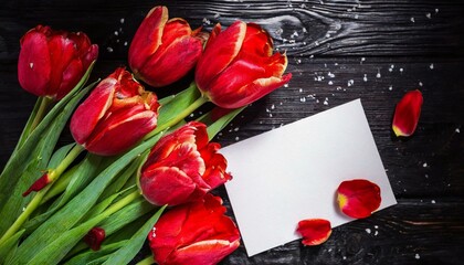 Beautiful bouquet of red tulips and blank card on black wooden background