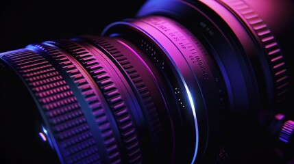 Detailed view of a lens illuminated by black light - obrazy, fototapety, plakaty