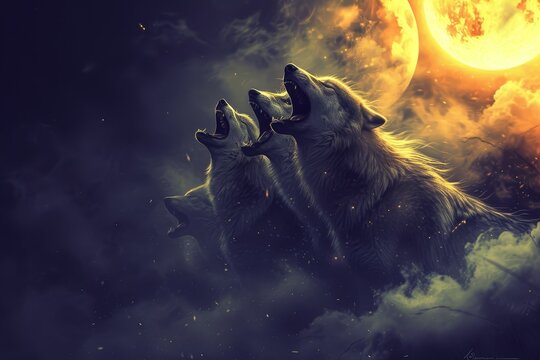   Two wolves atop a cloud-dotted terrain gaze at a yellow and black moon rising in the night sky
