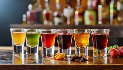 Set of colorful different bitters and liqueurs in shot glasses on bar counter. - obrazy, fototapety, plakaty