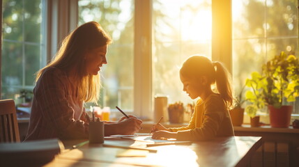 Woman and a child are sitting and doing homework at a table in a bright room - obrazy, fototapety, plakaty