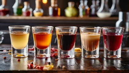 Set of colorful different bitters and liqueurs in shot glasses on bar counter.	
