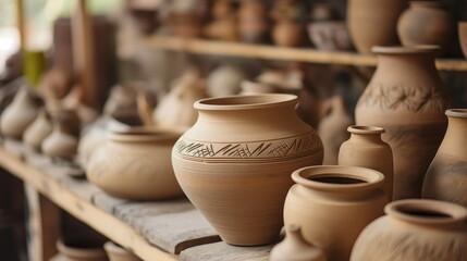 Fototapeta na wymiar Handmade Pottery on Display in Artisanal Workshop. Artisan Craftsmanship