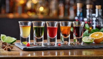 Set of colorful different bitters and liqueurs in shot glasses on bar counter.