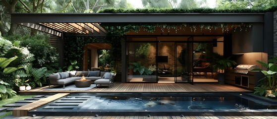 Luxury 3D teak deck with BBQ grill and pergola in garden. Concept Luxury Outdoor Living, 3D Teak Deck, BBQ Grill, Pergola, Garden Retreat