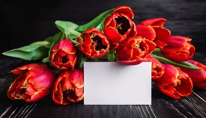 Beautiful bouquet of red tulips and blank card on black wooden background