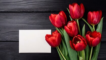 Beautiful bouquet of red tulips and blank card on black wooden background