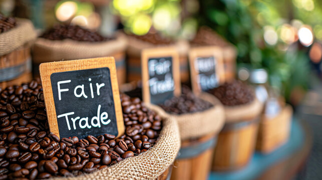 coffee beans on a wooden beam with "Fair Trade" signs.