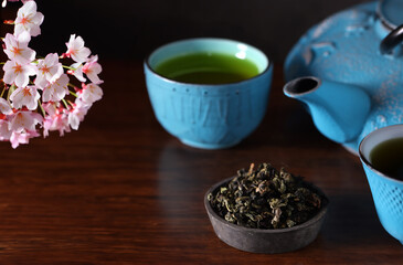 tea ceremony green tea with sakura branches