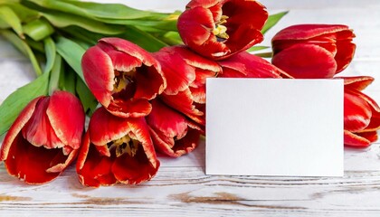 Beautiful bouquet of red tulips and blank card on white wooden background (1).jpg, 399- Beautiful bouquet of red tulips and blank card on white wooden background