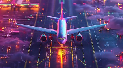 a vivid AI illustration of an airplane gracefully touching down on a bustling airport runway, emphasizing the precision of the landing through post-production enhancements attractive look