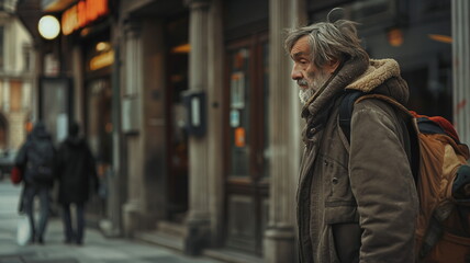 Bearded homeless man in warm clothing stands by a grand stone building, braving the cold - obrazy, fototapety, plakaty
