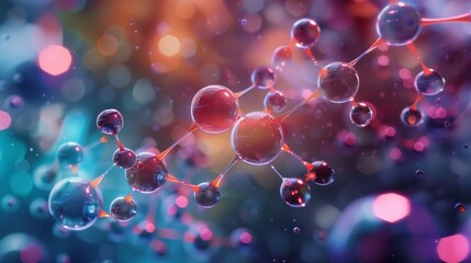 Stylized close-up of molecular structure with colorful blurred background