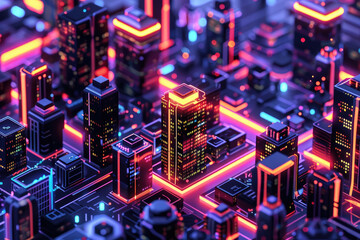 An isometric 3D scene of a neon financial district in the future, with glowing skyscrapers and digital stock tickers, closeup