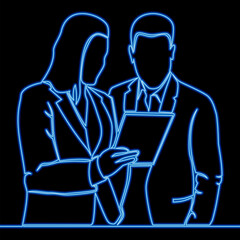 Business colleagues looking at tablet icon neon glow vector illustration concept