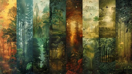 A series of paintings of trees in different seasons. The paintings are all in different colors and styles, but they all have a similar theme of nature and the changing seasons