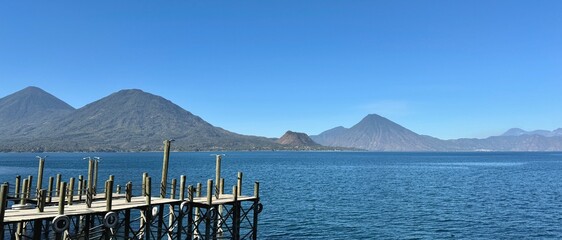 Volcanoes along Lake Atitlan at San Antonio Palopo in Guatemala 
