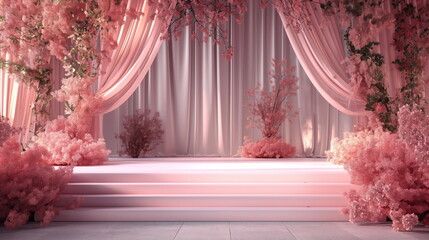 Ethereal wedding stage with cascading pink floral arrangements and draped curtains, setting a magical and romantic scene for a special day