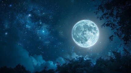A large moon is shining brightly in the night sky, surrounded by a few stars. The scene is peaceful and serene, with the moon casting a soft glow on the trees and the sky