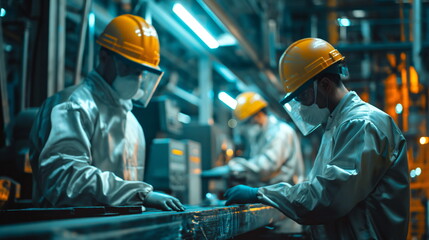 Workers in Protective Gear Operating Heavy Machinery, Factory Floor Innovation