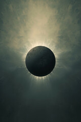 Abstract depiction of an eclipse, combining stark contrasts between light and dark with a glowing corona effect for dramatic impacthyper realistic, low noise, low texture, futuristic style