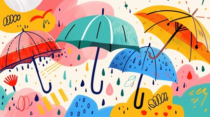 Colorful umbrellas with patterns in a whimsical abstract illustration