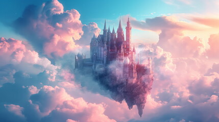 Fairytale Castle in the Clouds, Majestic Palace Floating Amongst Cotton Candy Skies - obrazy, fototapety, plakaty