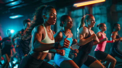 Group of focused people sprinting during a high-energy workout session in a gym