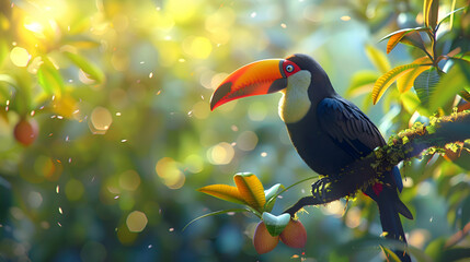 Graceful Toucan in striking colors, set against a dreamy, blurred rainforest landscape, providing room for text or design elements