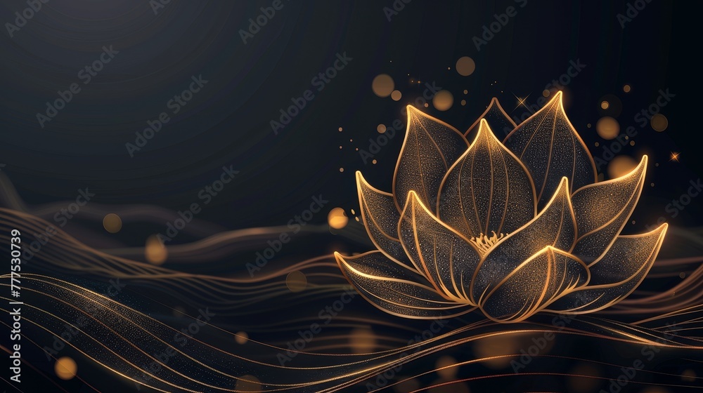 Sticker Linearts of golden lotuses on a dark background. Luxury gold wallpaper design for prints, banners, fabrics and posters.