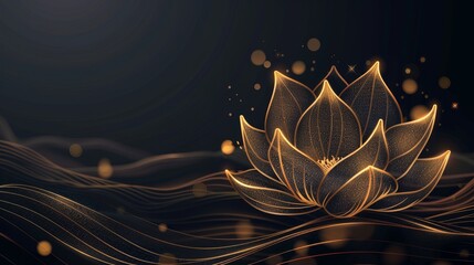 Linearts of golden lotuses on a dark background. Luxury gold wallpaper design for prints, banners, fabrics and posters.