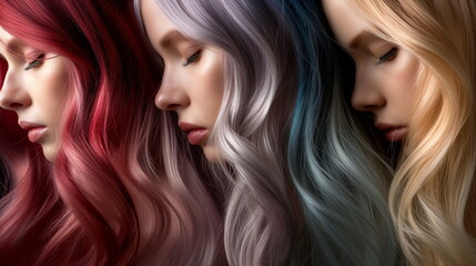 Various hair colors from red to silver, showcasing the beauty of dyed hairstyles. Hair coloring - obrazy, fototapety, plakaty