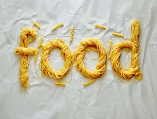 the word "food" made of spaghetti on white fabric background