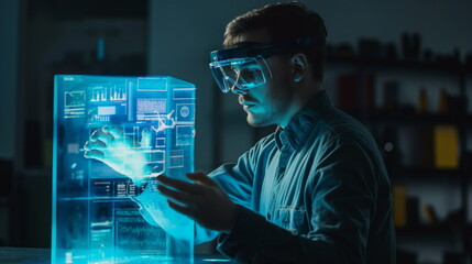 Focused man touching a futuristic hologram screen with glowing graphics in a dark room