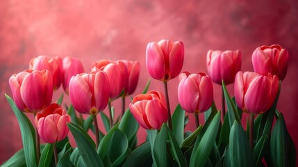   A vase with pink tulips on a table against a red wall background
