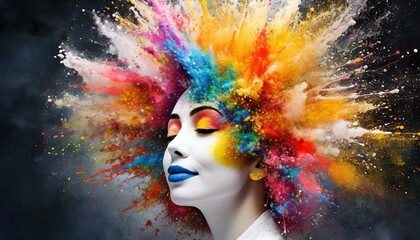 Colorful painted explosion in head. Concept of creative mind and imagination. Silhouette of human hand with colored fragments - obrazy, fototapety, plakaty